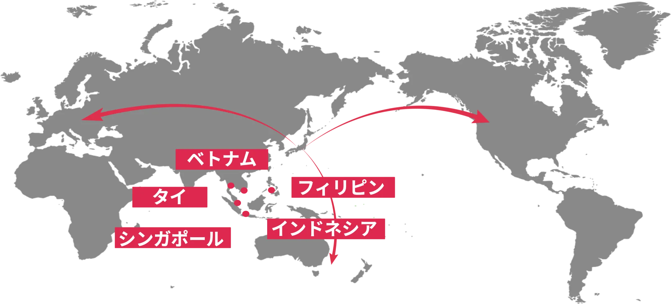 海外展開について示した世界地図。ベトナム、フィリピン、タイ、インドネシア、シンガポールに展開。
